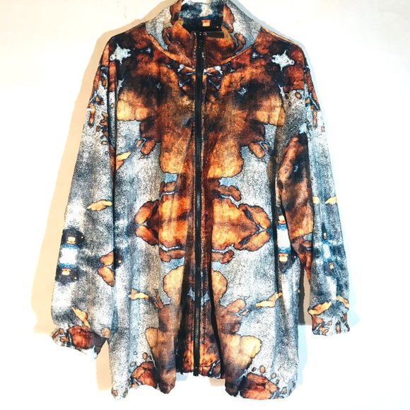 Tie Dye Silver Brown Zip Up Fleece Soft Velour Jacket Synchilla Size Extra Large - Picture 7 of 13